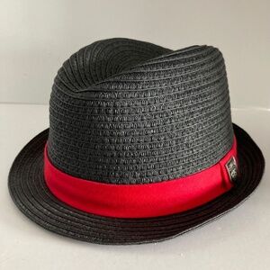 Stüssy Hats 100% Paper Straw Fedora Black w/Red Fabric Band Unisex S/M Woven EUC